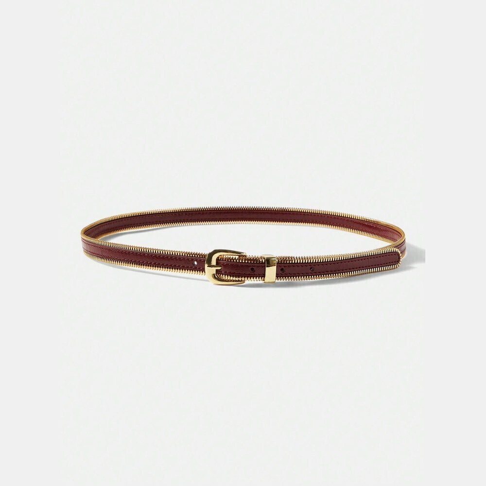 Burgundy Skinny Belt with Gold Zipper Trim Edge